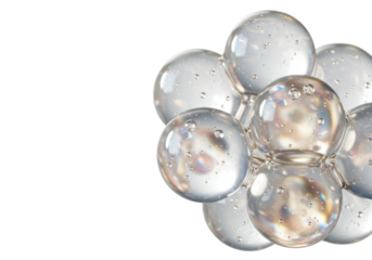 extreme macro shot of crystal clear, perfectly geometric hydrogel serum spheres, clustered tightly against a stark white background with zero dof. concept of precision and luxury cosmetic science