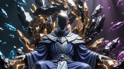 A mysterious, faceless entity draped in deep blue, ornate robes sits on a majestic throne composed of gold and dark crystalline structures, surrounded by floating, light-refracting shards.