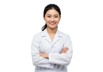 Smiling doctor in lab coat isolated on transparent background