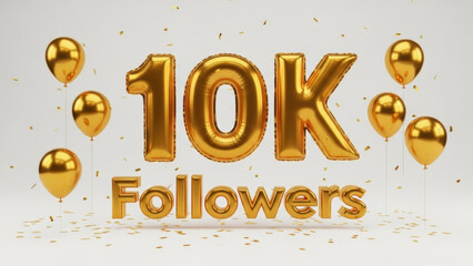 10K followers celebration with golden foil balloons, confetti, and 3D text on white background for social media milestone achievement.