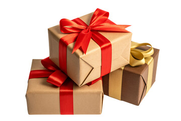Fototapeta premium Wrapped presents with red ribbon in festive wrapping with satin bow for holiday gift giving