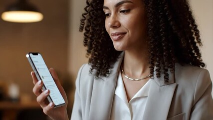 Businesswoman, with curly hair, in a gray blazer holds and gestures toward a smartphone