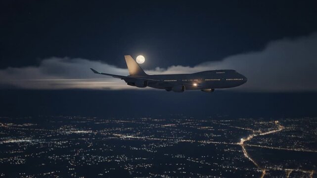 Airplane is flying in the sky at night