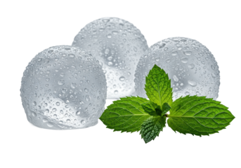 Extreme macro close-up of three sweating artisan ice spheres and vibrant emerald mint sprig on a transparent surface, dramatic high-key lighting. concept for beverage advertising