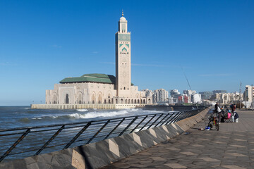 scenic view of the Hassan II Mosque, located on the coast of the Atlantic Ocean in Casablanca, Morocco