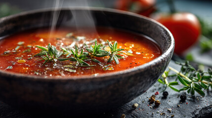 Bowl of hot tomato soup with herbs, cozy homemade dish concept