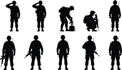 Military soldier silhouette set in various combat and standing poses isolated on white background flat vector illustration