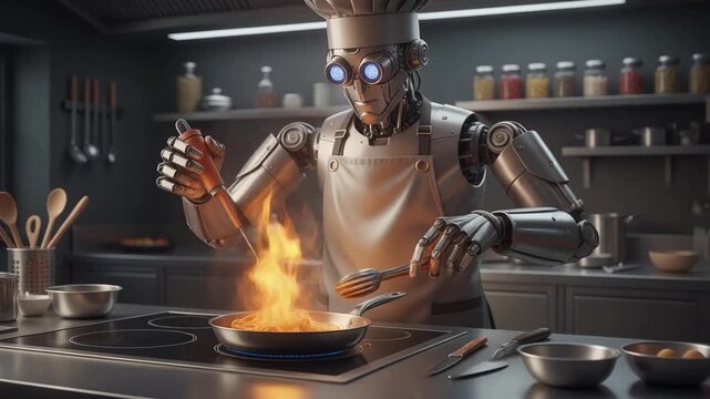 Robot chef is cooking in the kitchen