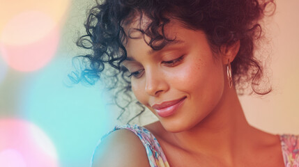 Portrait of a woman with curly hair, gentle smile, pastel background, cinematic softness