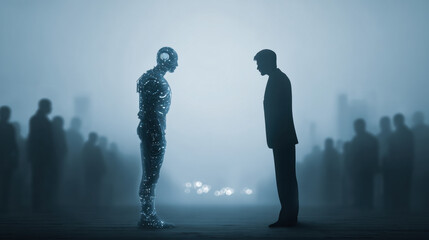 AI ethics debate concept with robot and human silhouettes facing off