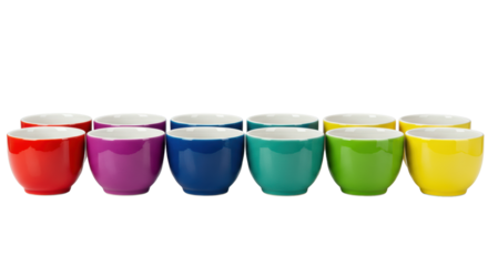 eight identical modern high-gloss ceramic bowls in a vibrant color spectrum row, perfectly aligned on a transparent background, professional product photography concept