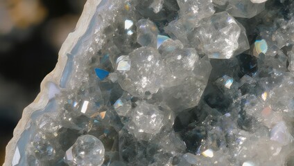 Close-up of a geode showcasing crystalline structures with reflective, iridescent facets