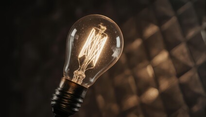 Close-up of a glowing vintage lightbulb with filament detail, against a textured background