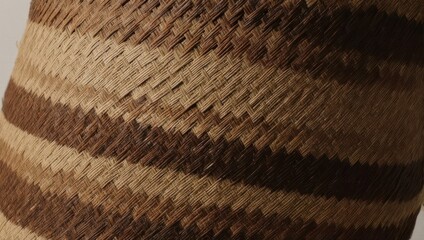 Close-up of a handwoven basket with alternating bands of light and dark fibers