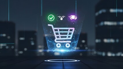 Glowing Digital Shopping Cart Icon with Delivery Logistics Symbols