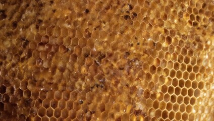 Close-up of a honeycomb section showing hexagonal cells filled with honey and bee debris