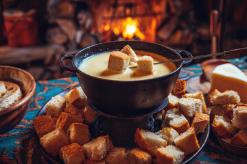 Swiss cheese fondue with bread cubes, cozy alpine atmosphere