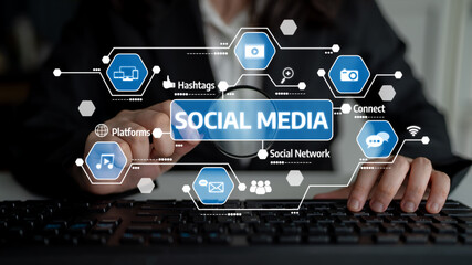 A person interacts with a keyboard as overlay graphics highlight social media concepts like hashtags, connection, and digital communication strategies, emphasizing online engagement. Tessel