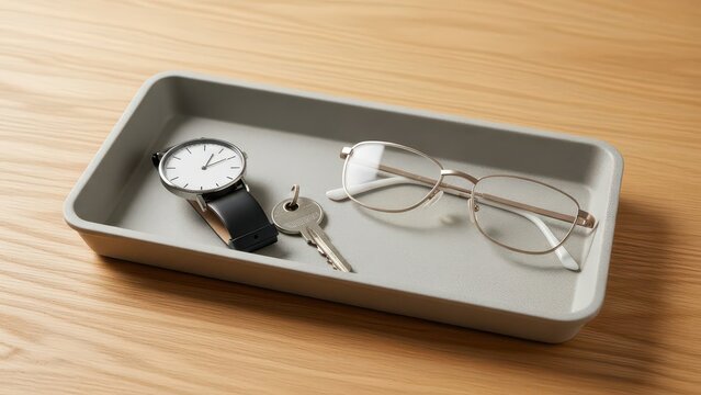 Minimalist Desk Organizer Tray with Watch Glasses and Keys