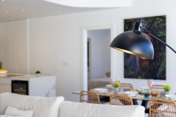 Close-up of modern black floor lamp in bright open-plan living and dining interior