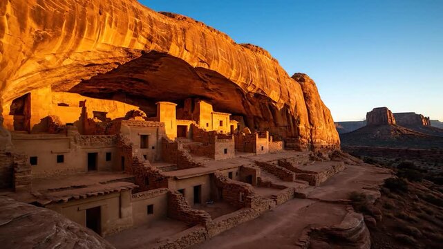 Ancient cliff dwellings nestled under a rock overhang, bathed in golden sunlight