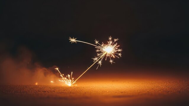 Single Burning Sparkler on Ground Creating Bright Golden Light - Powered by Adobe