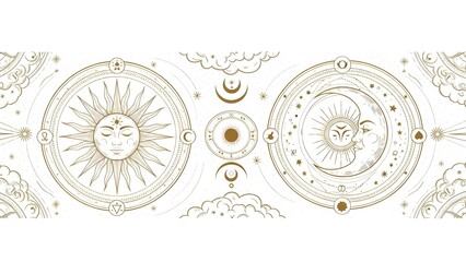 Golden Sun and Moon Celestial Banner With Astrology and Tarot Symbols, with Copy Space, Generative AI