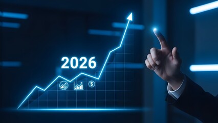 Hand Interacting with 2026 Financial Growth Chart and Success Icons