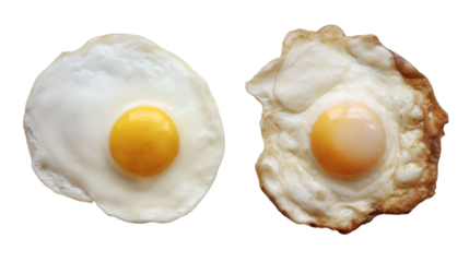 Two fried eggs with visible yolks isolated on transparent background.