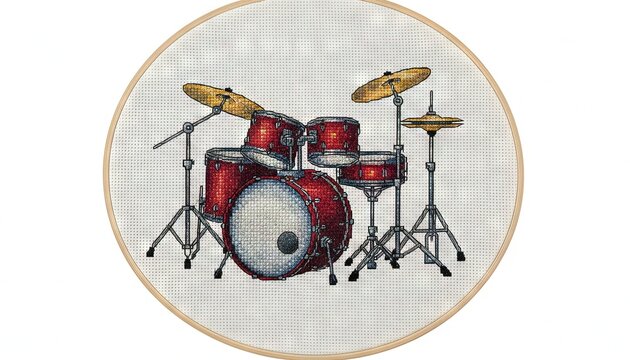 drum set cross stitch design with sewing threads crafting