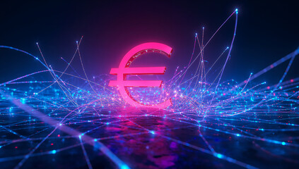 Bright pink euro symbol surrounded by glowing blue lines in digital space