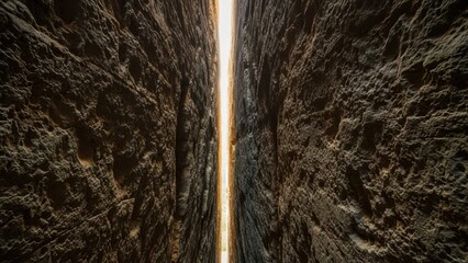 Narrow vertical rock crevice between high stone canyon walls