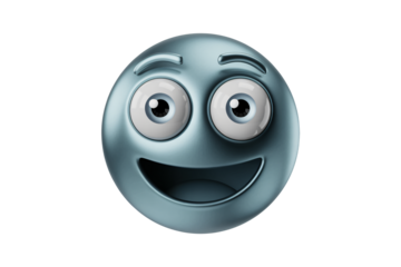 Surprised emoji face in 3D rendering with shiny blue finish and wide eyes on white background for digital communication