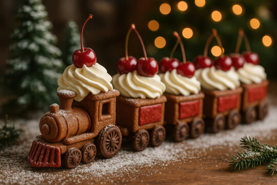 Festive gingerbread train cookies with cream and cherries, a delightful holiday treat
