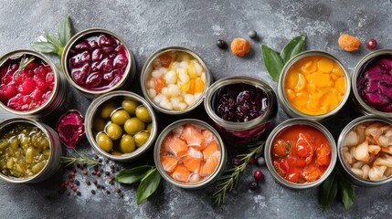 Various jars filled with bright preserved fruits and vegetables are arranged on a textured stone surface. The vibrant colors of the contents create an appealing visual display.