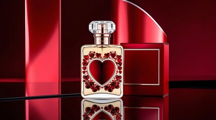 Photo of a luxurious perfume bottle with Valentine-themed packaging, featuring a sleek reflective surface, positioned against a dark red studio background with controlled highlights.