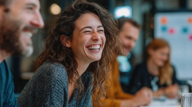 Smiling coworkers laughing during a casual brainstorming meeting in a modern office environment with diverse team members with adults and business - Powered by Adobe