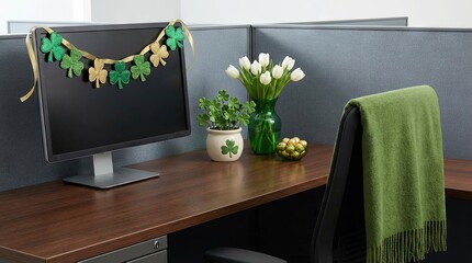 Office cubicle is decorated for the st patricks day holiday