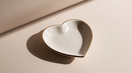 A professional photo of a luxury heart-shaped ceramic jewelry dish with subtle gold edging and delicate curves, photographed in a professional studio with softbox lighting.