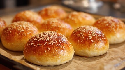 Fototapeta premium Golden soft sesame buns sit on a tray glistening with a warm shine. These freshly baked treats showcase their fluffy texture and inviting aroma. Perfect for sandwiches or snacks.
