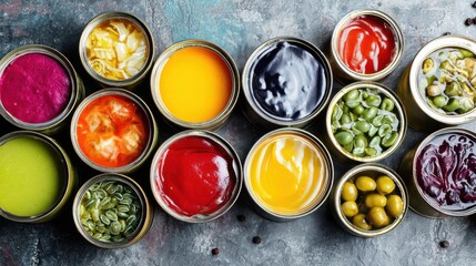 A vibrant collection of sauces and dips is displayed in jars on a textured surface. The colors range from bright red and yellow to green and purple showcasing a variety of flavors and styles.
