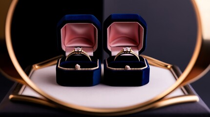 professional photo of a pair of elegant gold rings with intricate details and subtle textures, placed side by side inside a luxurious velvet ring box with a soft, crimson interior.
