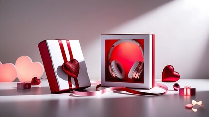 Photo of a premium headphone gift box styled for Valentine&rsquo;s Day with red and pink decorations, studio lighting with controlled highlights and subtle shadows.