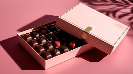 A photo of a premium Valentine chocolate box with a magnetic closure partially opened, revealing assorted rich brown and red chocolates, studio lighting setup with soft highlights.