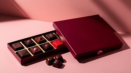 A professional photo of a premium Valentine chocolate box with a magnetic closure partially opened, revealing assorted rich brown and red chocolates, studio lighting setup with soft highlights.