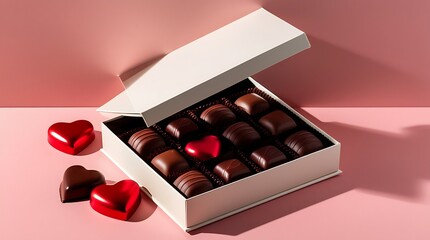 professional photo of a premium Valentine chocolate box with a magnetic closure partially opened, revealing assorted rich brown and red chocolates, studio lighting setup with soft highlights.