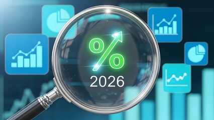 Financial Analysis and Economic Forecast for 2026 showing a Magnifying Glass over a Percentage Growth Sign and Charts