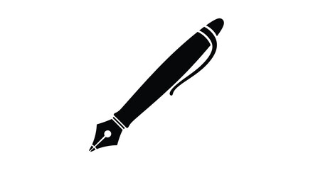 A simple black and white illustration depicting a classic fountain pen with intricate detailing