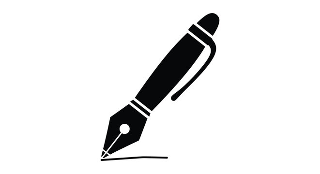 A simple black fountain pen icon is displayed diagonally on a plain white background