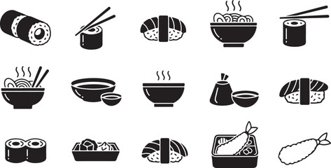 Japanese food icons: sushi, noodles, and tempura set